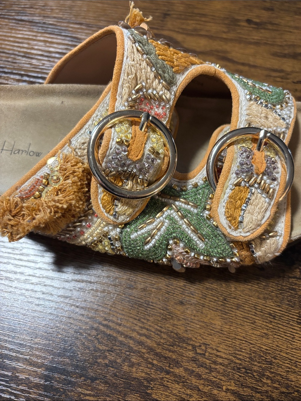 House of Harlow 1960 Embroidered Slide Sandals in Mustard & Green - Picture 7 of 9